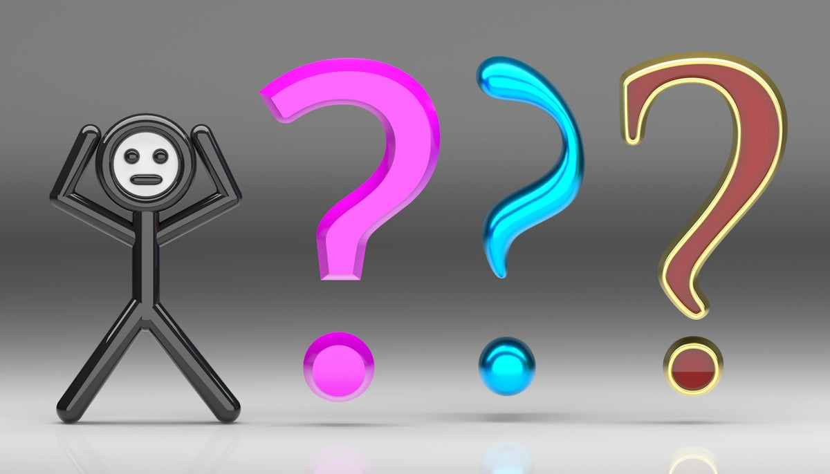 A black stick figure with hands on head beside three colorful question marks